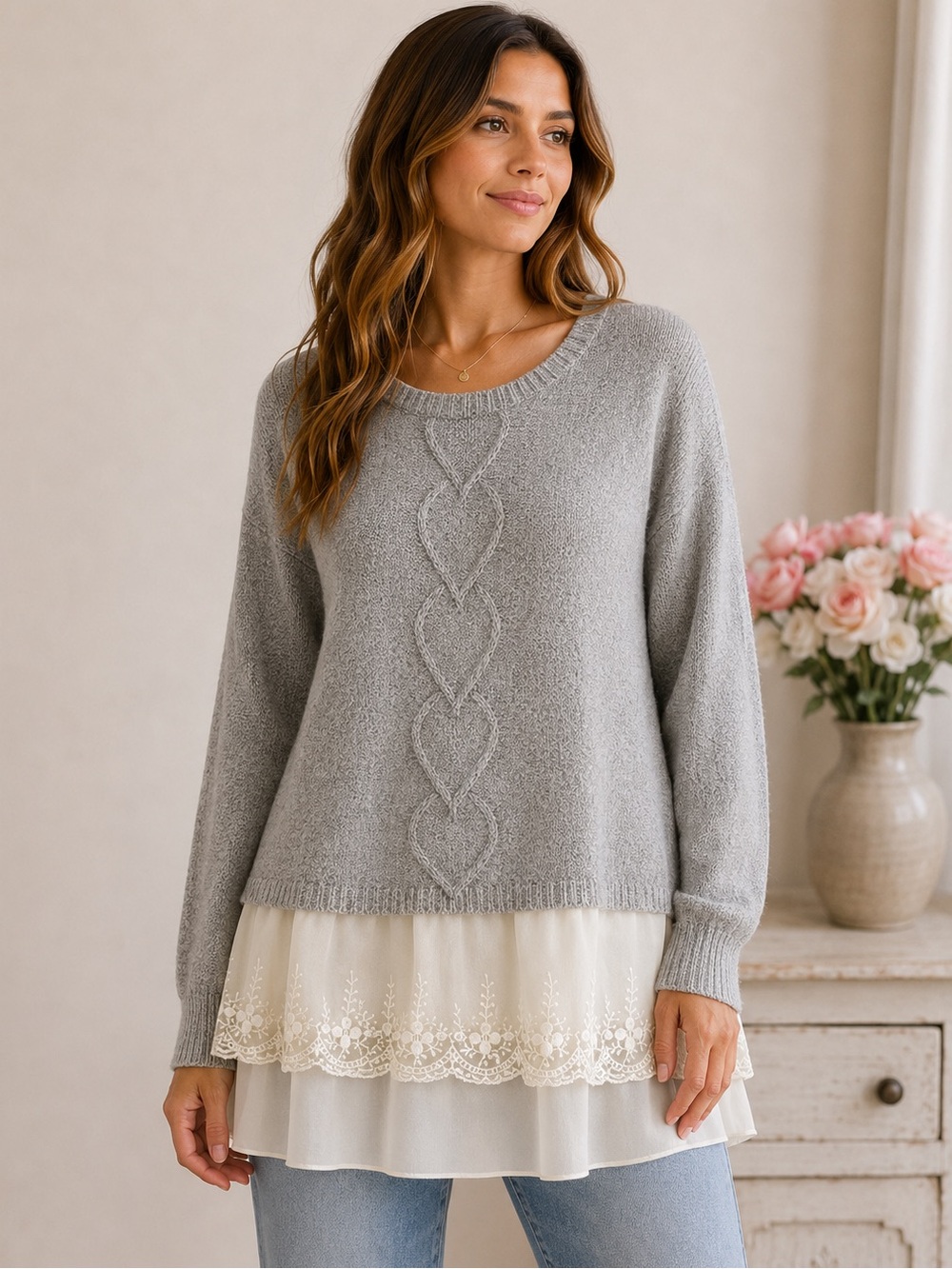 Kate Collection Heather Gray Heart & Lace Trim Sweater Medium Romantic 🩶